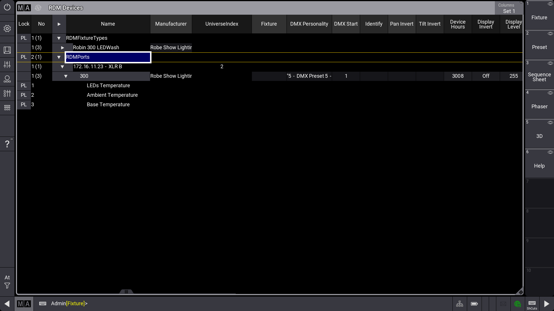 RDM devices window with RDMPorts in expanded mode.Â